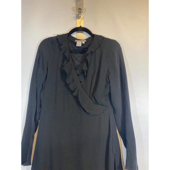 Isabella Bird Womens Sz 8 Silk Faux Wrap Ruffled V Neck Aline Dress LBD Black D9 - Picture 2 of 7